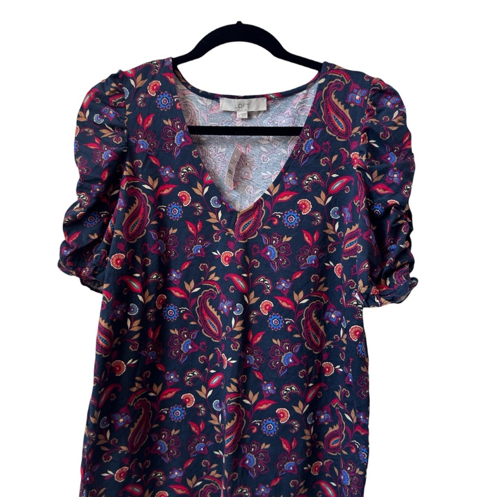 LOFT Paisley Ruffle Cinched Sleeve V-Neck Blouse (NWT)